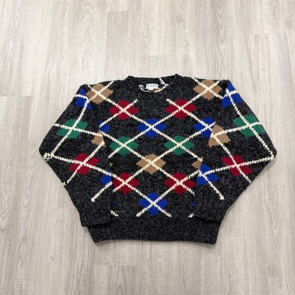 Vintage Bill Ditfort Sweater Men's Large Argyle Crewneck Knit 90s 100% Wool
